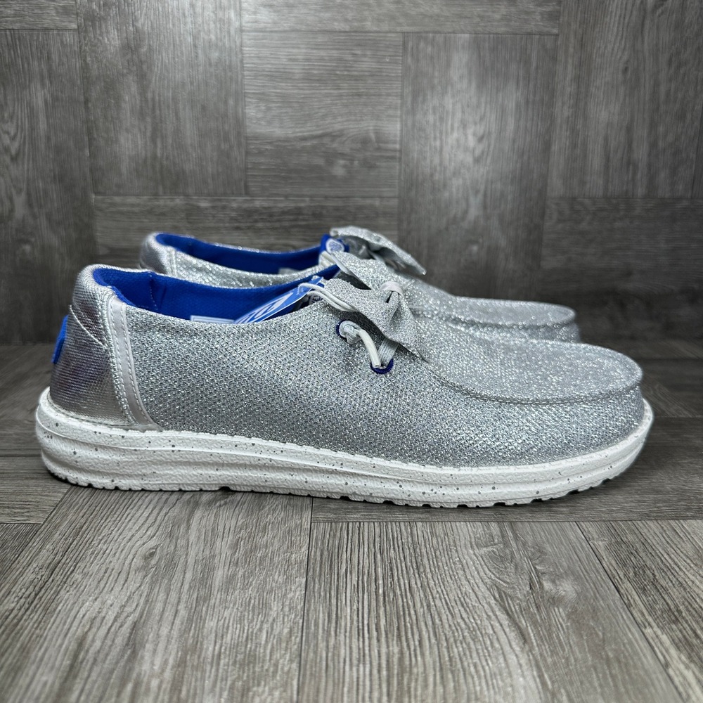 Hey Dude Wendy Sparkle Bow Women 9 Silver Glitter Slip On Loafers NEW